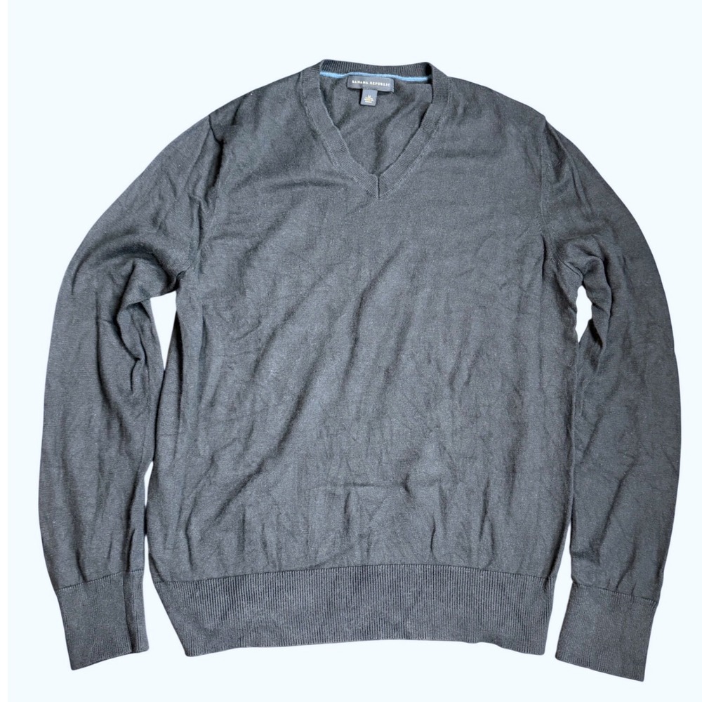 Banana Republic Mens V-Neck Silk Cashmere Blend Sweater Charcoal Gray Medium